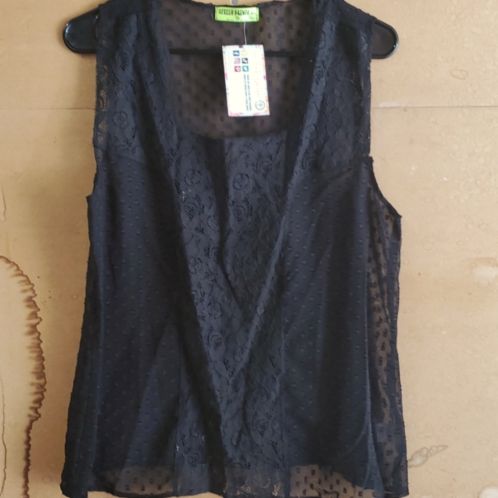 Beautiful Night Black Sheer Floral Lace and Swiss Dot Tank